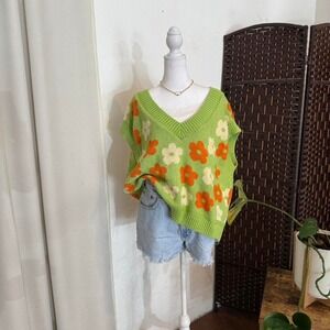 ZARA Women's V-Neck Knit Sweater Vest Retro floral Y2k Top Size Large